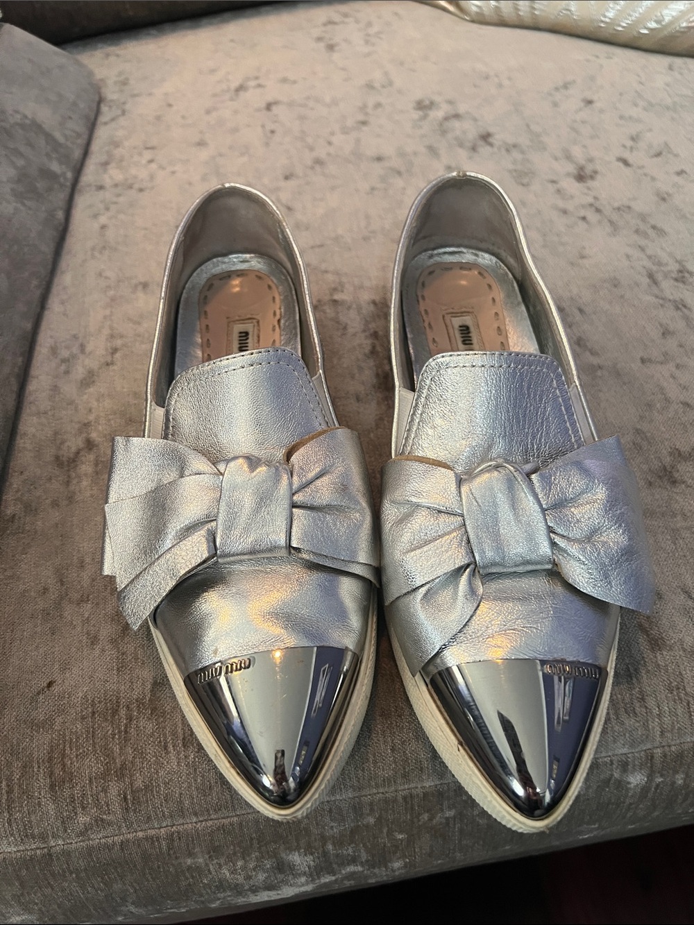 Miu Miu Silver Bow Pointed-Toe Loafers with Mirrored Cap